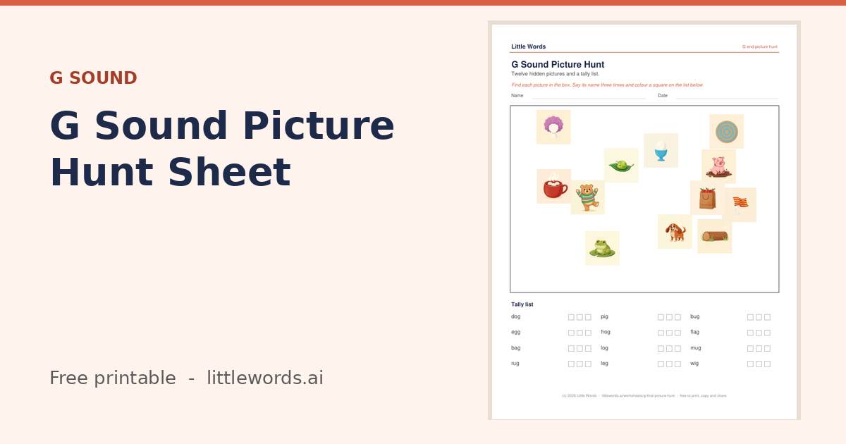 G Sound Picture Hunt Sheet, a free Little Words printable