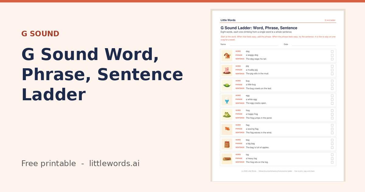 G Sound Word, Phrase, Sentence Ladder, a free Little Words printable