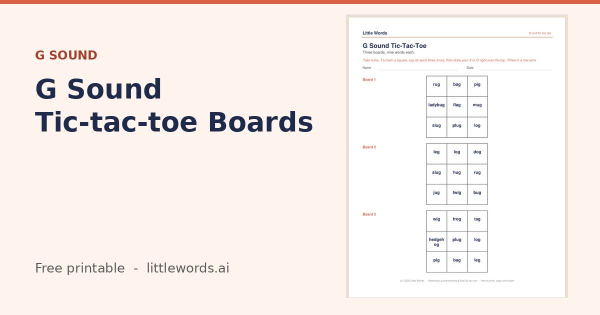 G Sound Tic-tac-toe Boards, a free Little Words printable