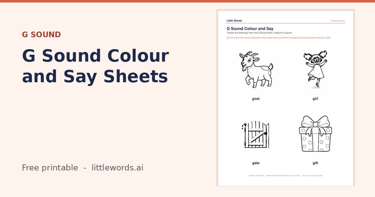 G Sound Colour and Say Sheets, a free Little Words printable
