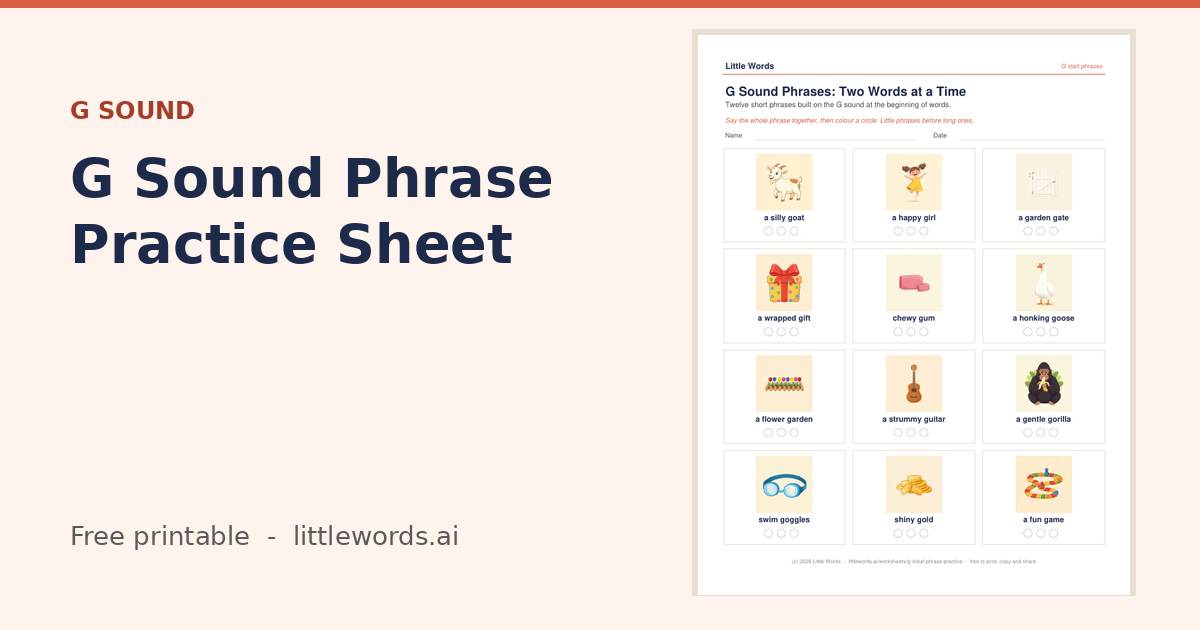 G Sound Phrase Practice Sheet, a free Little Words printable