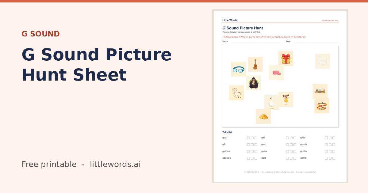 G Sound Picture Hunt Sheet, a free Little Words printable