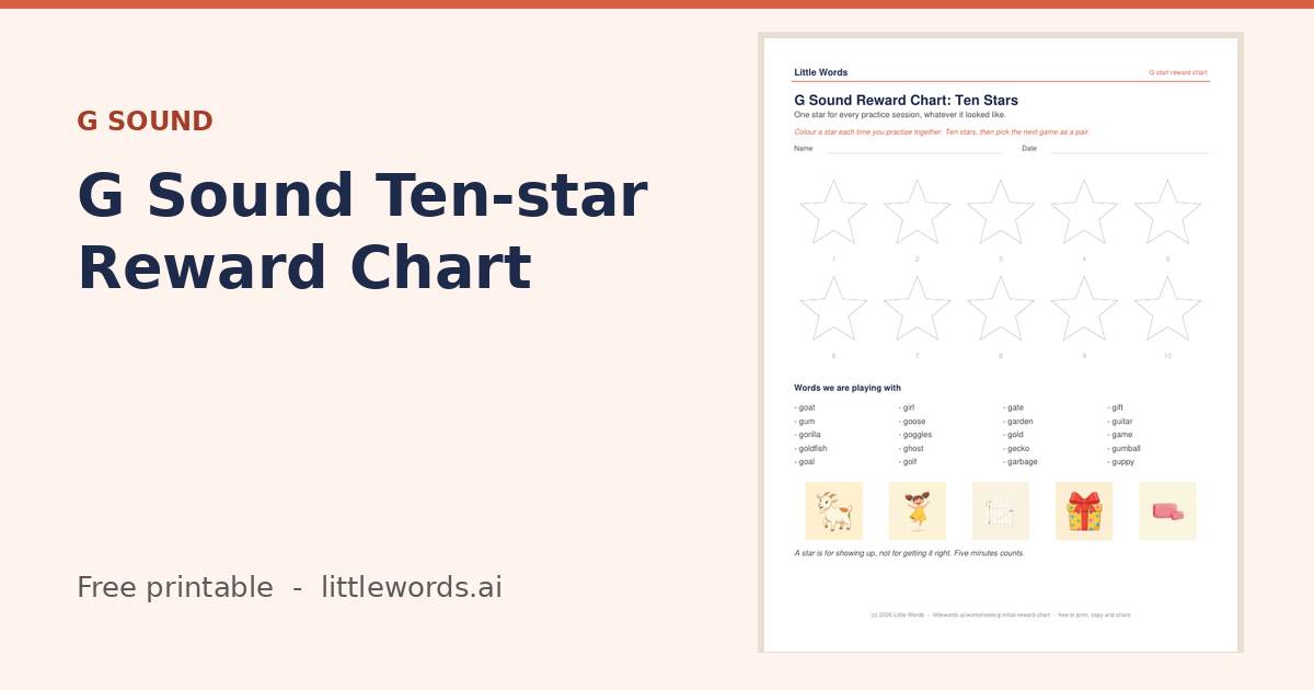 G Sound Ten-star Reward Chart, a free Little Words printable