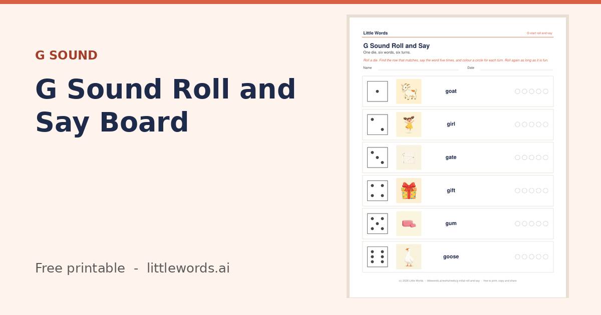 G Sound Roll and Say Board, a free Little Words printable