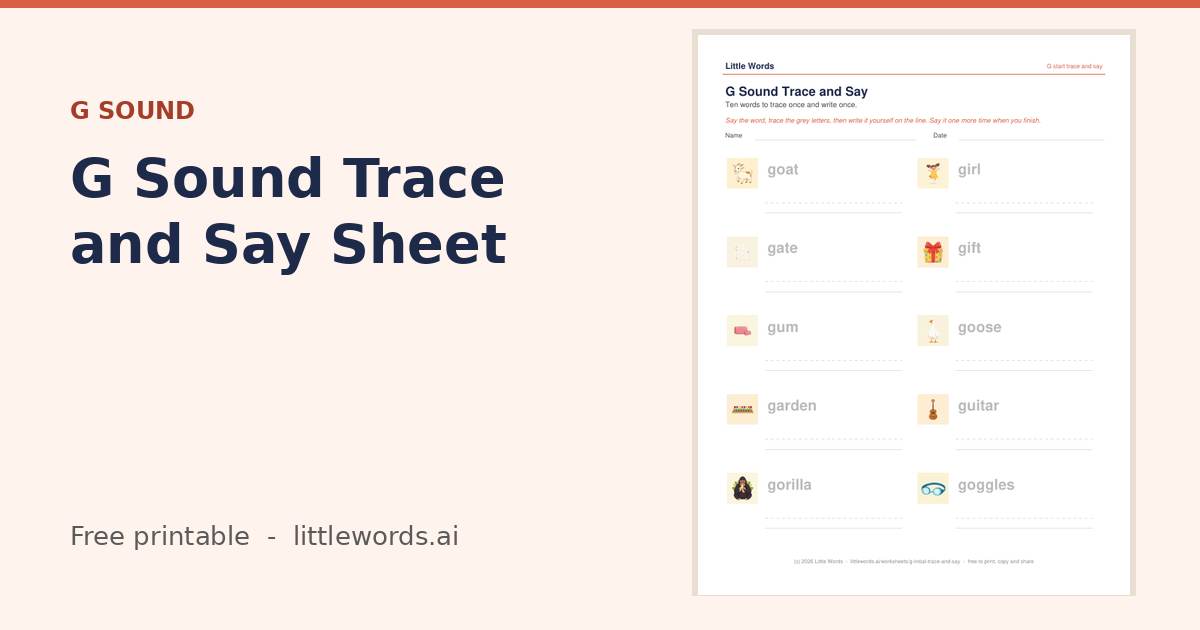 G Sound Trace and Say Sheet, a free Little Words printable