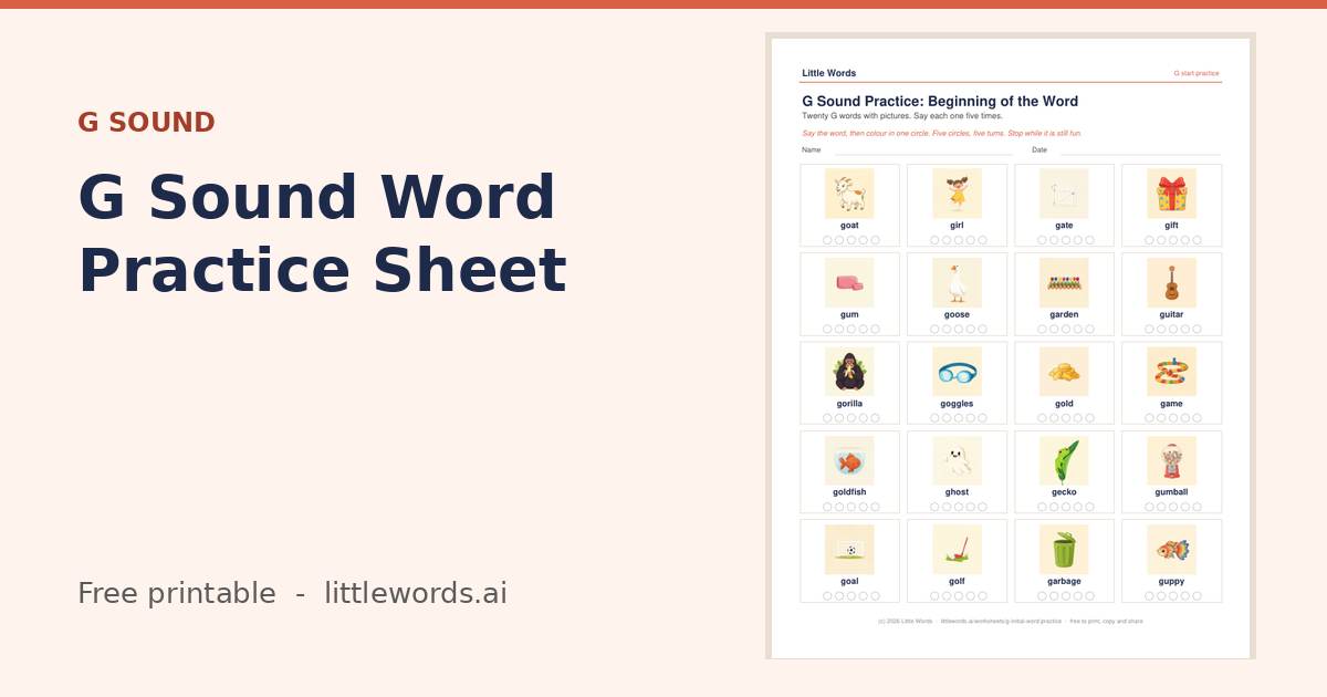 G Sound Word Practice Sheet, a free Little Words printable