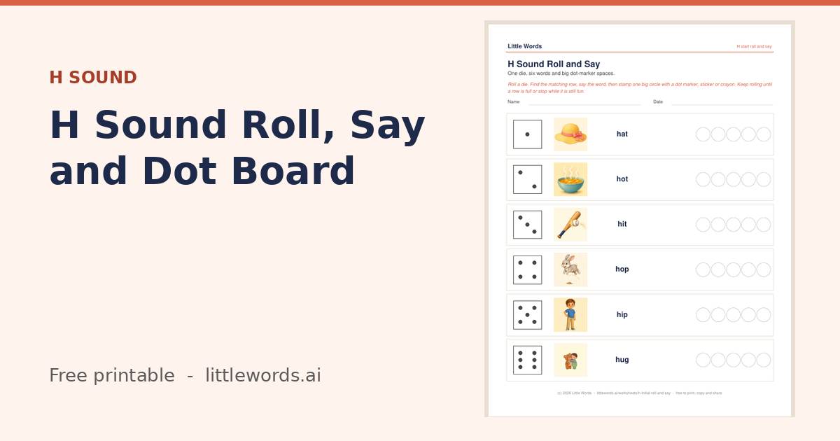 Initial H Sound Roll, Say and Dot Board, a free Little Words printable