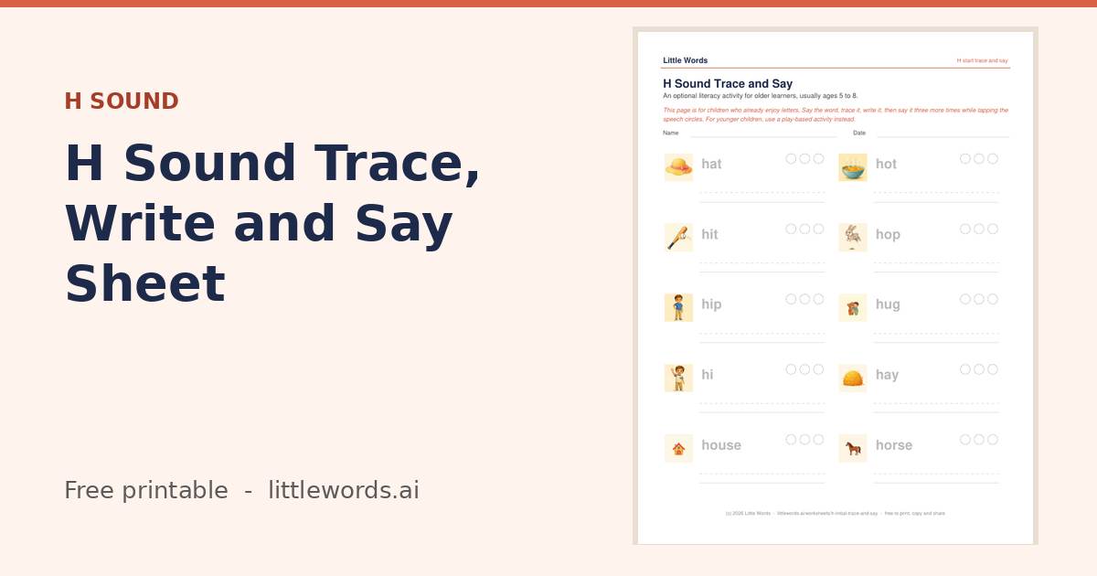 Initial H Sound Trace, Write and Say Sheet, a Little Words printable