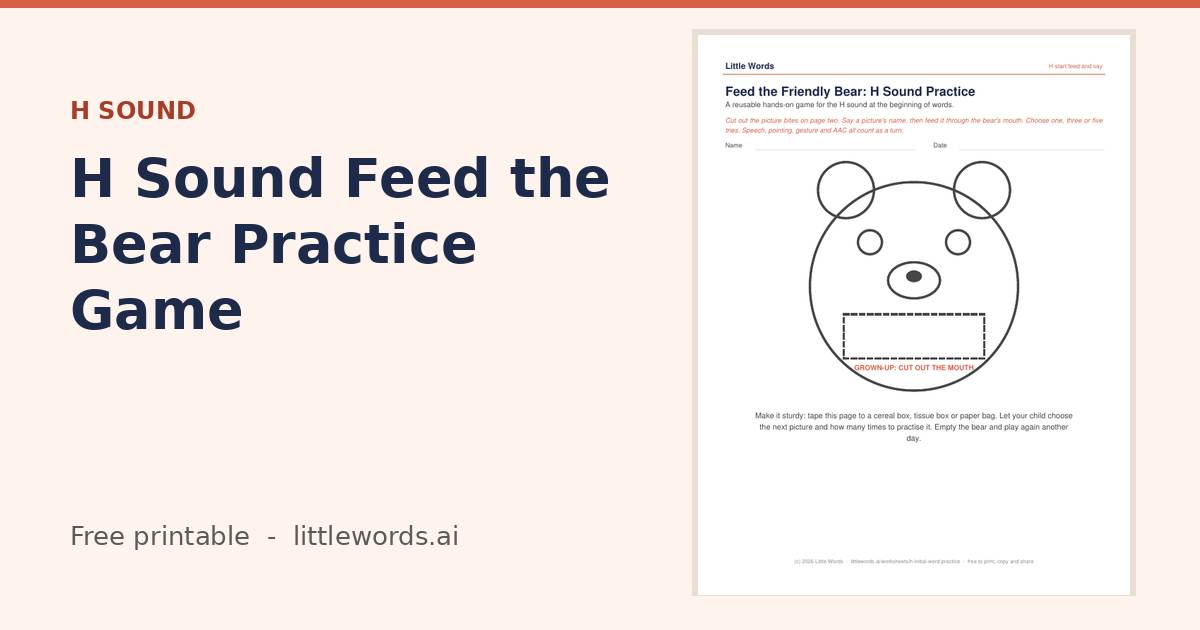 Initial H Sound Feed the Bear Practice Game, a free Little Words printable