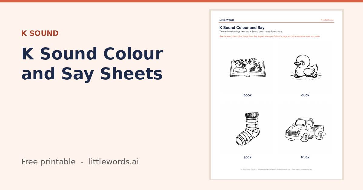 K Sound Colour and Say Sheets, a free Little Words printable
