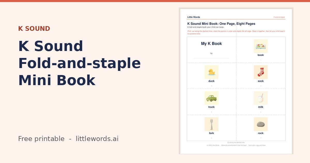 K Sound Fold-and-staple Mini Book, a free Little Words printable