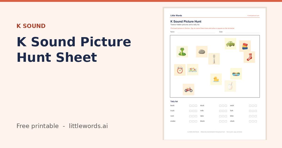 K Sound Picture Hunt Sheet, a free Little Words printable