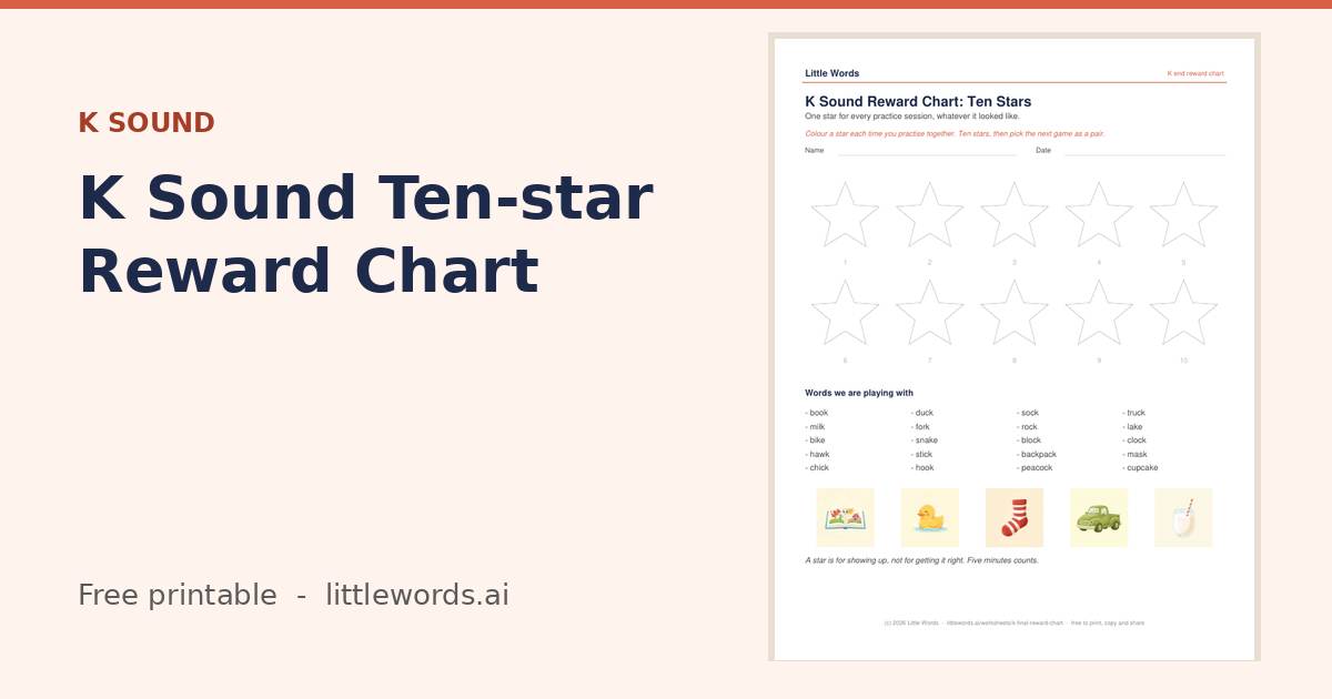 K Sound Ten-star Reward Chart, a free Little Words printable