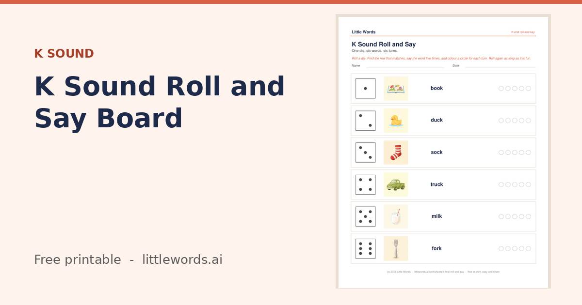 K Sound Roll and Say Board, a free Little Words printable