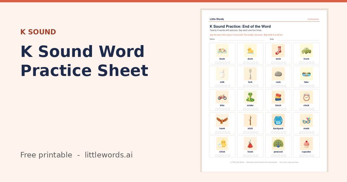 K Sound Word Practice Sheet, a free Little Words printable