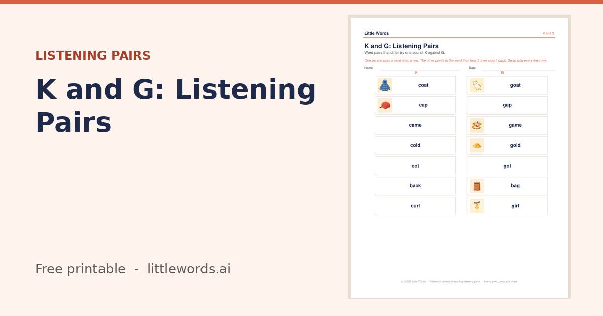 K and G: Listening Pairs, a free Little Words printable