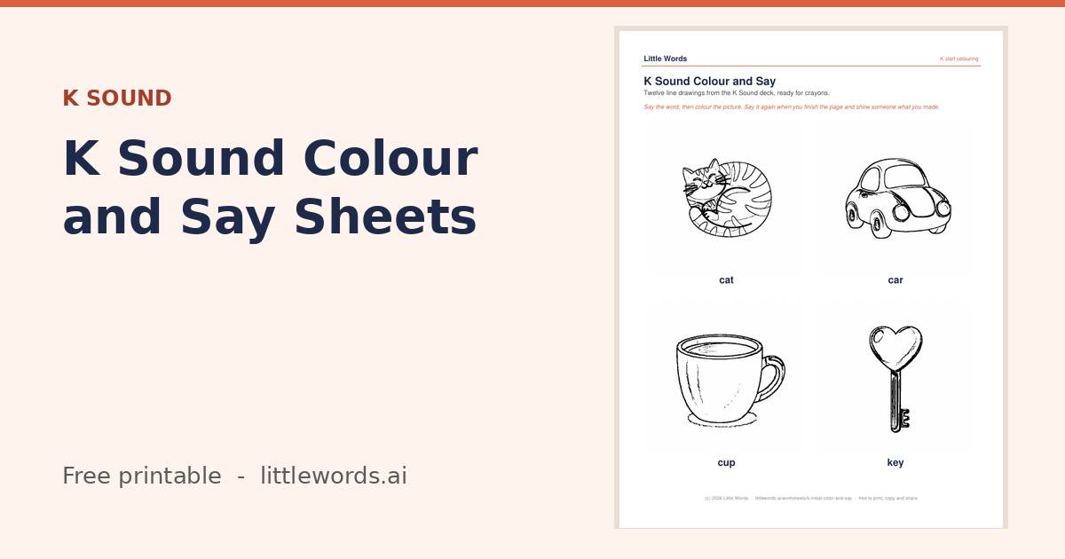 K Sound Colour and Say Sheets, a free Little Words printable