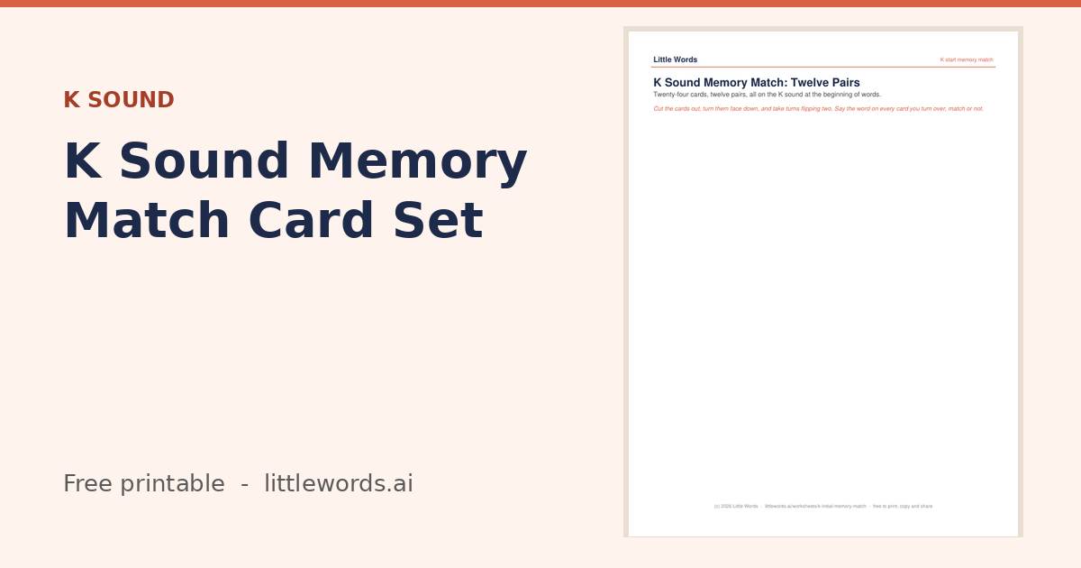 K Sound Memory Match Card Set, a free Little Words printable