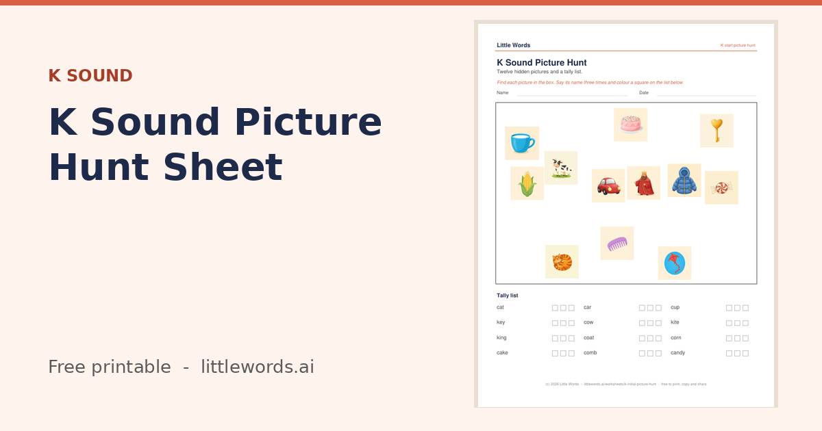 K Sound Picture Hunt Sheet, a free Little Words printable