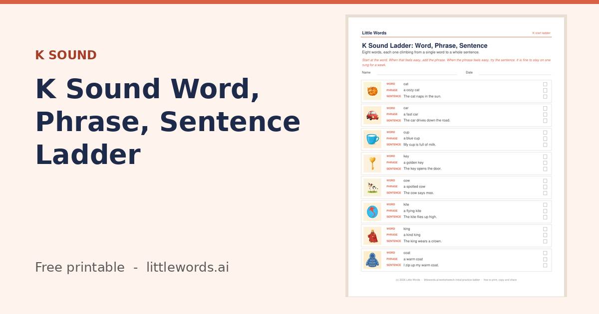 K Sound Word, Phrase, Sentence Ladder, a free Little Words printable