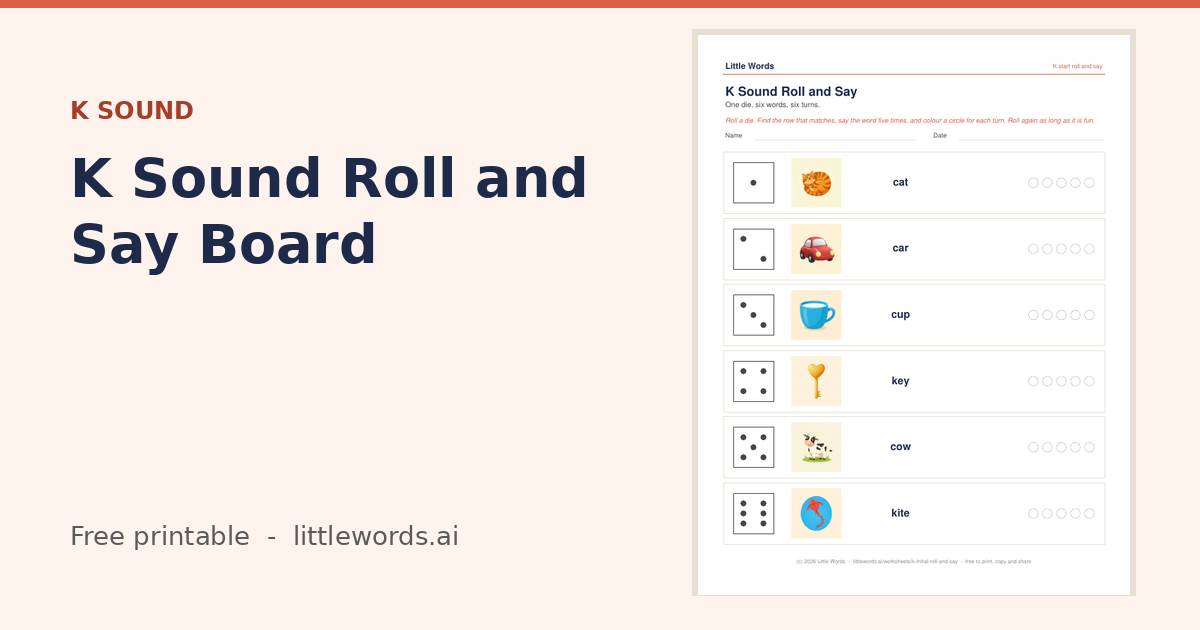 K Sound Roll and Say Board, a free Little Words printable