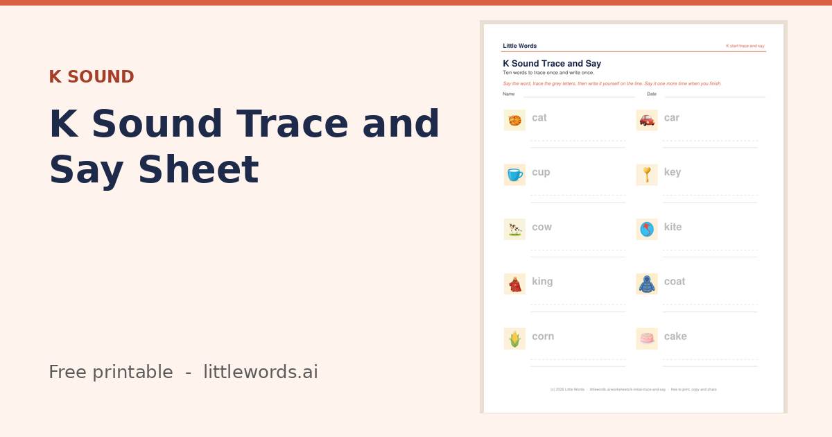 K Sound Trace and Say Sheet, a free Little Words printable
