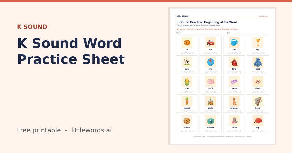 K Sound Word Practice Sheet, a free Little Words printable