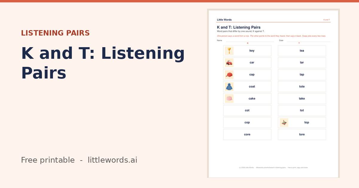 K and T: Listening Pairs, a free Little Words printable