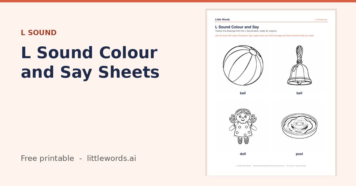 L Sound Colour and Say Sheets, a free Little Words printable