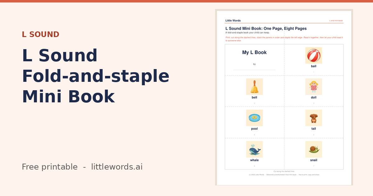 L Sound Fold-and-staple Mini Book, a free Little Words printable