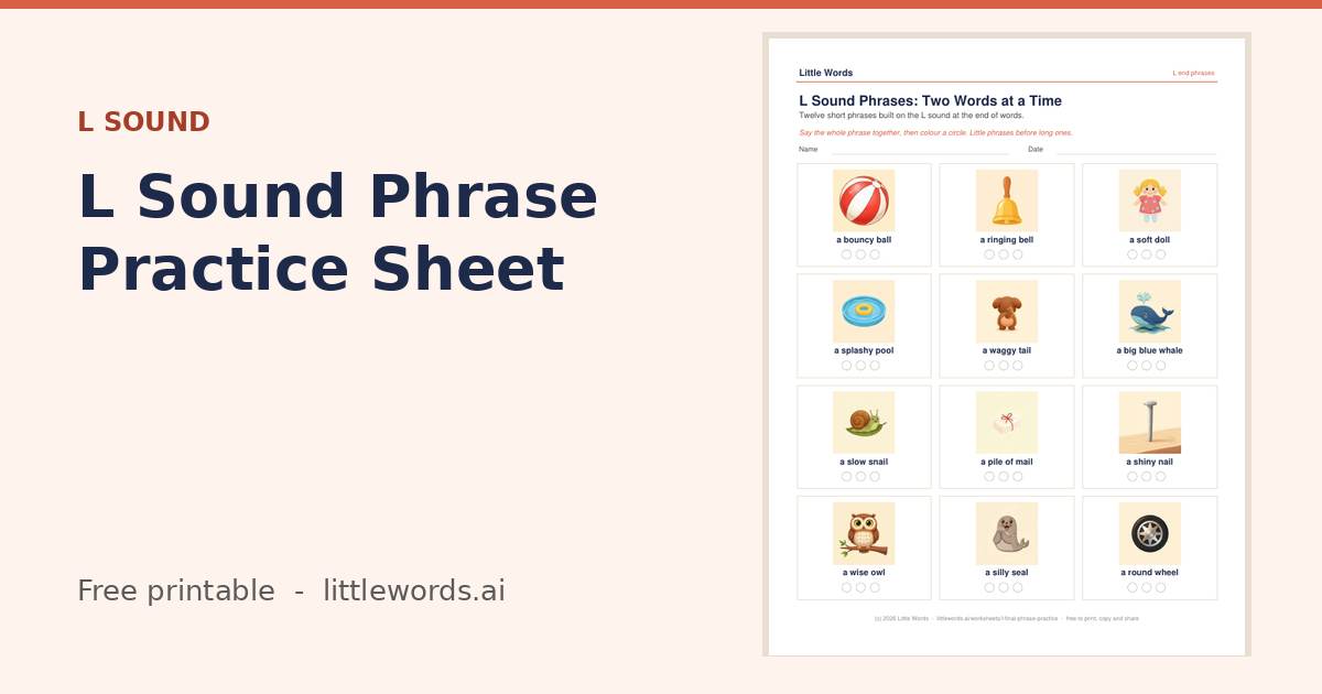 L Sound Phrase Practice Sheet, a free Little Words printable