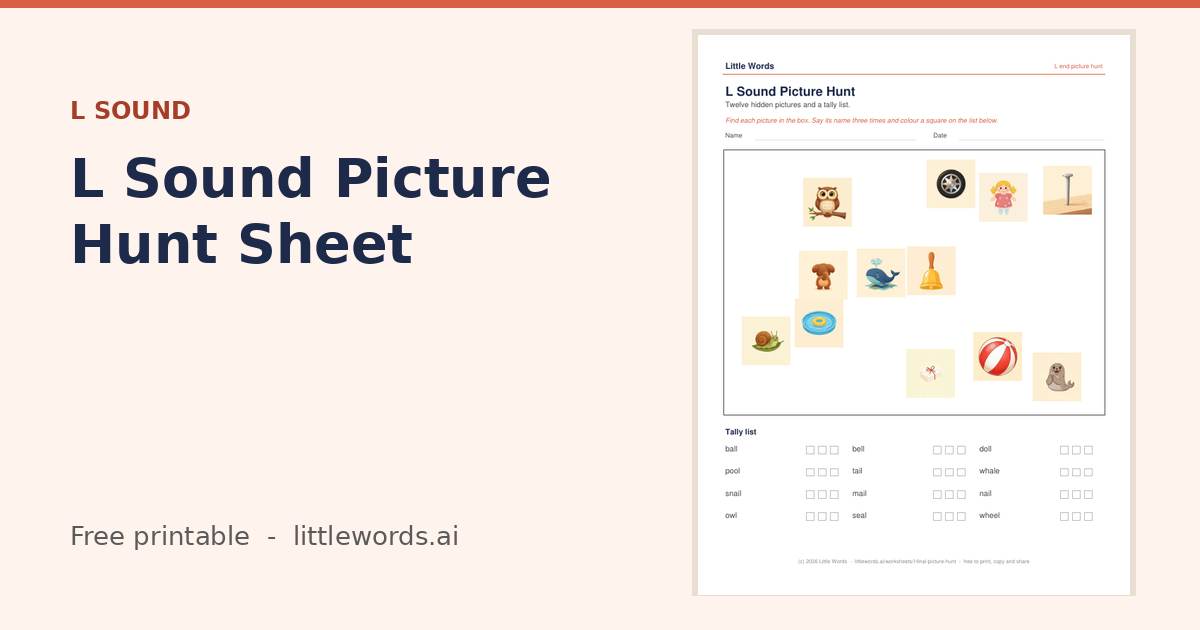 L Sound Picture Hunt Sheet, a free Little Words printable