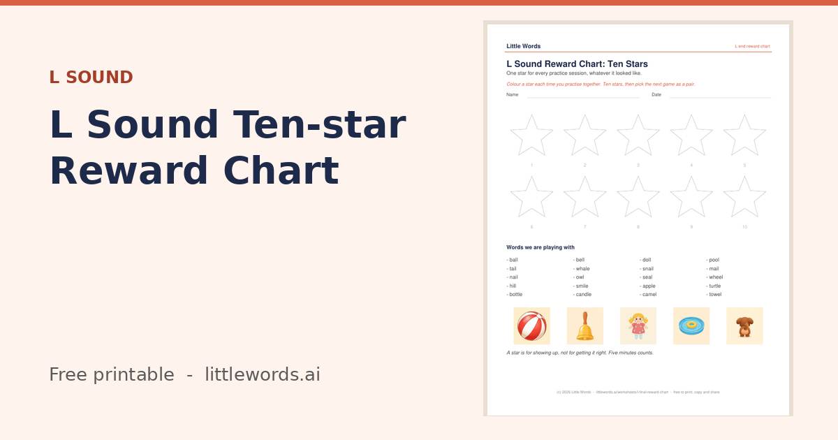 L Sound Ten-star Reward Chart, a free Little Words printable