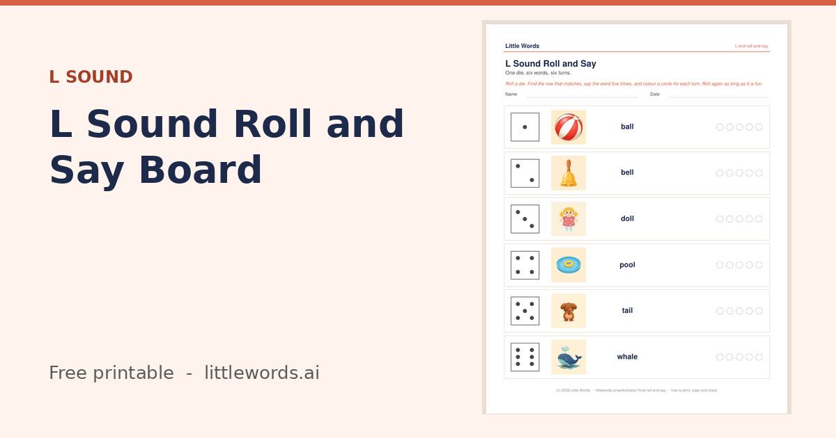 L Sound Roll and Say Board, a free Little Words printable