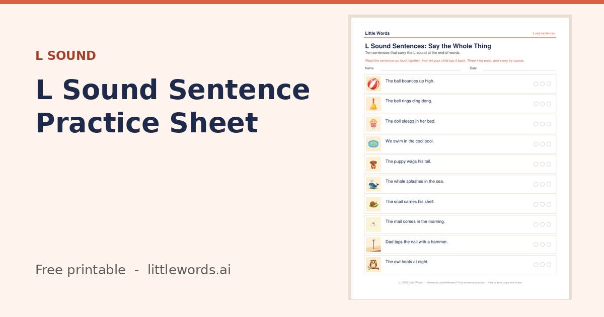 L Sound Sentence Practice Sheet, a free Little Words printable