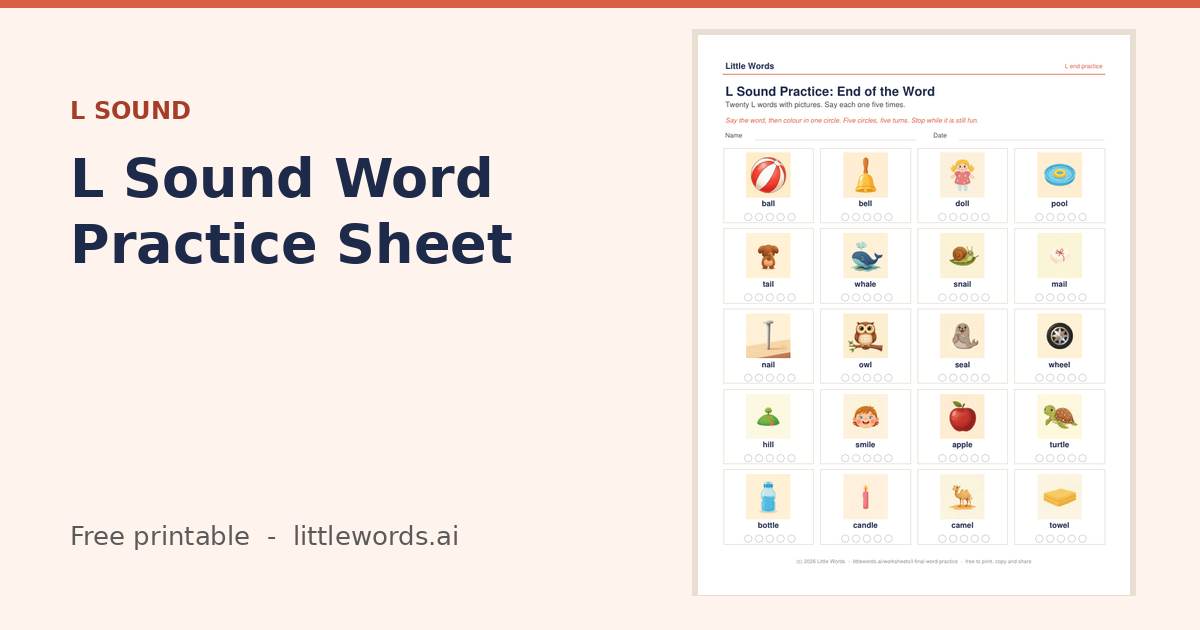 L Sound Word Practice Sheet, a free Little Words printable