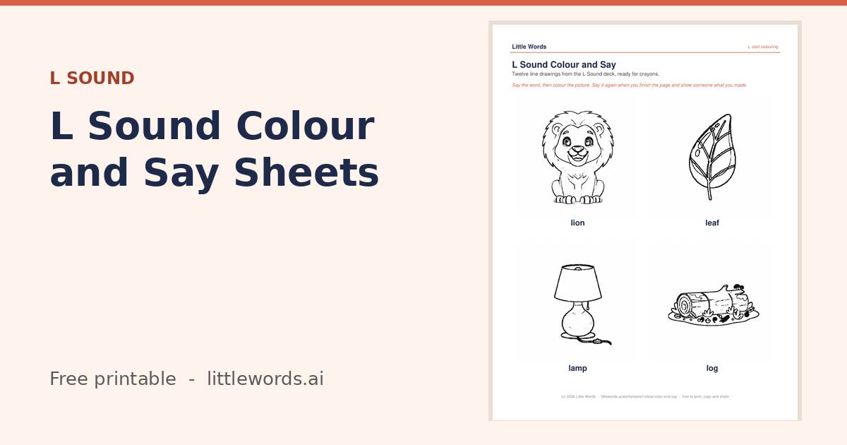 L Sound Colour and Say Sheets, a free Little Words printable