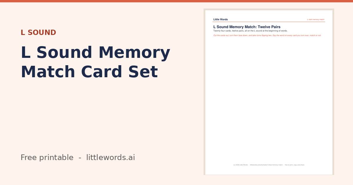 L Sound Memory Match Card Set, a free Little Words printable