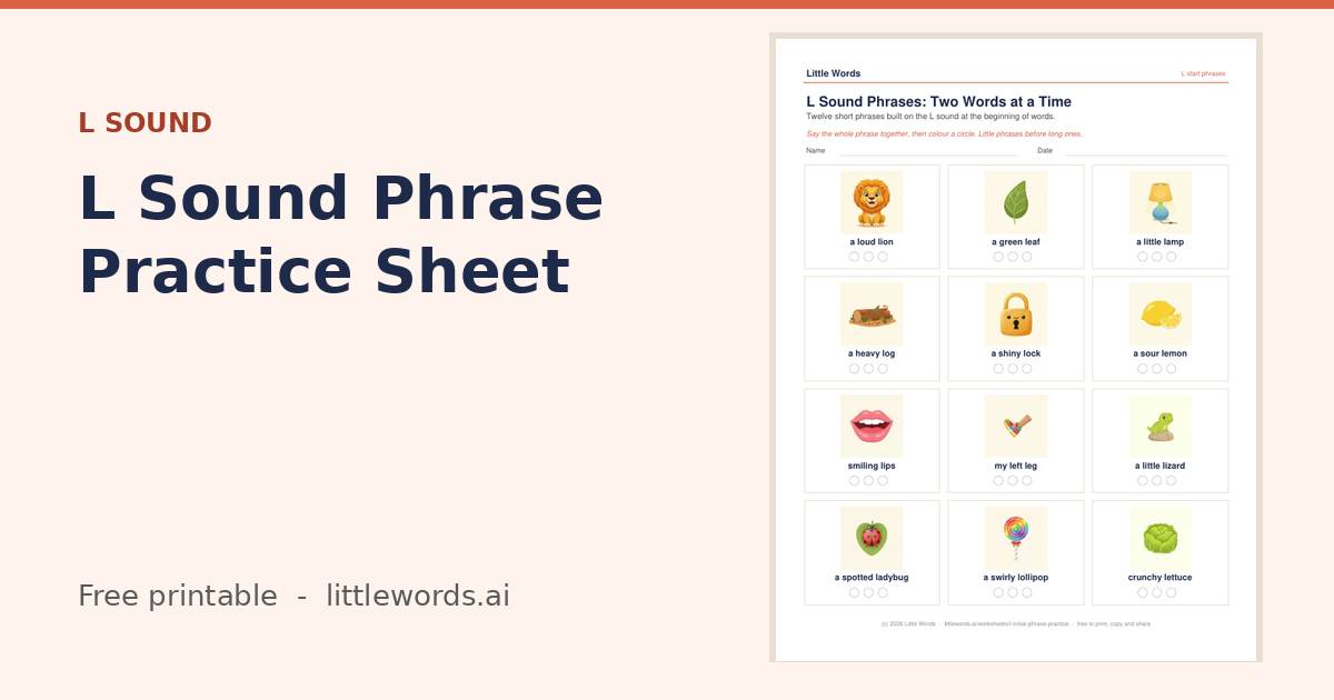 L Sound Phrase Practice Sheet, a free Little Words printable