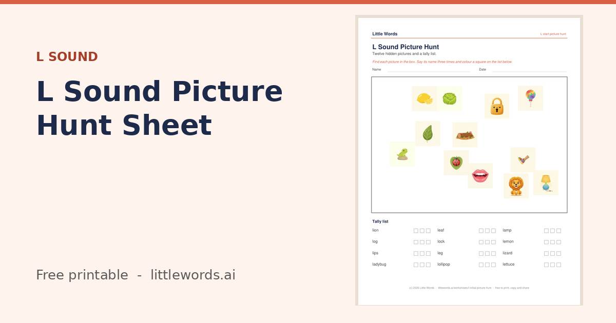 L Sound Picture Hunt Sheet, a free Little Words printable