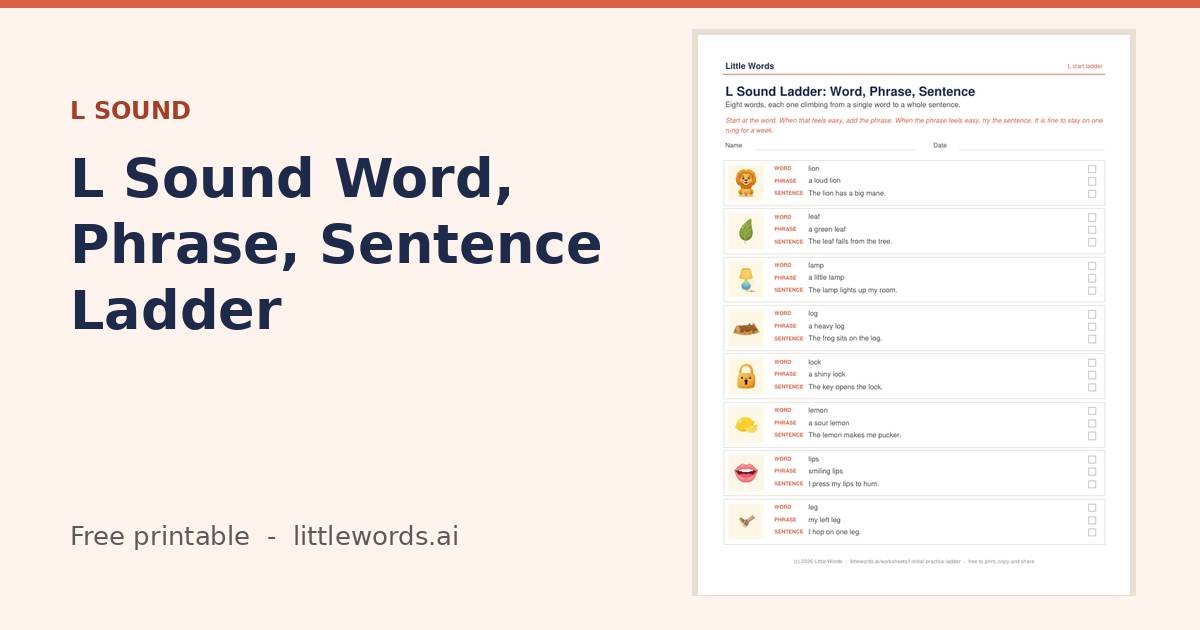 L Sound Word, Phrase, Sentence Ladder, a free Little Words printable