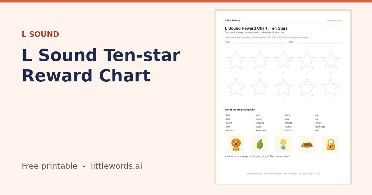 L Sound Ten-star Reward Chart, a free Little Words printable