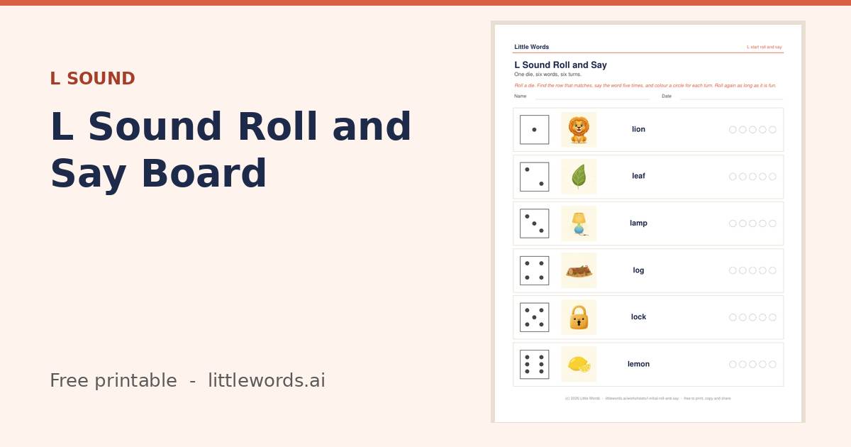 L Sound Roll and Say Board, a free Little Words printable