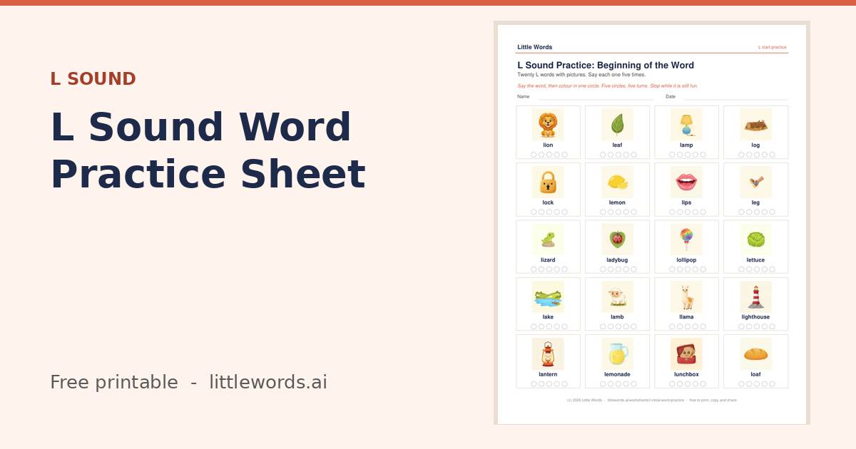 L Sound Word Practice Sheet, a free Little Words printable