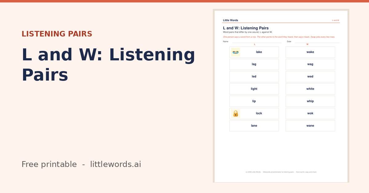 L and W: Listening Pairs, a free Little Words printable