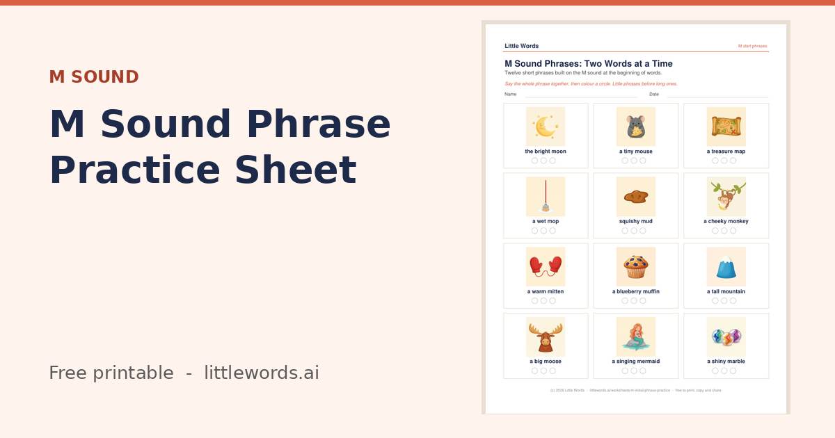 M Sound Phrase Practice Sheet, a free Little Words printable