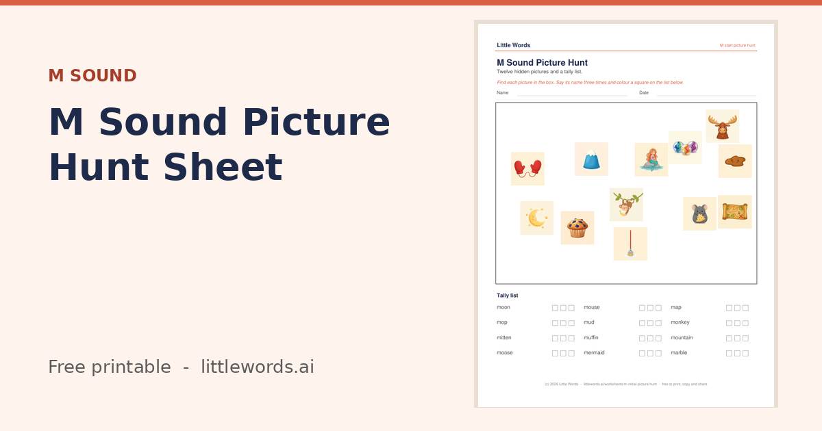 M Sound Picture Hunt Sheet, a free Little Words printable