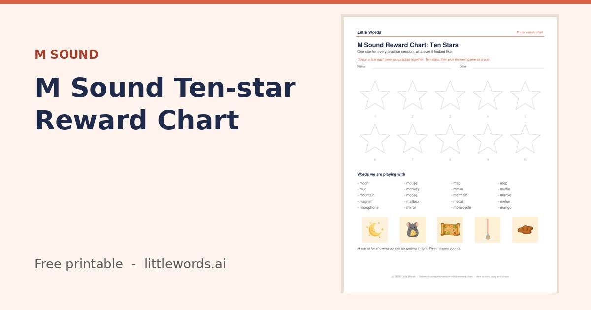 M Sound Ten-star Reward Chart, a free Little Words printable