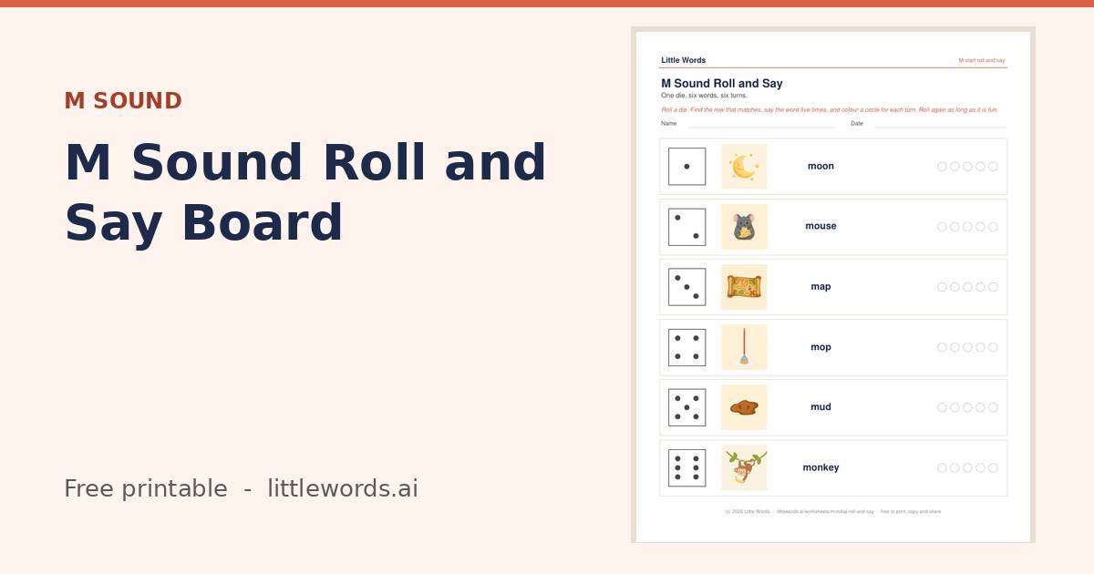 M Sound Roll and Say Board, a free Little Words printable