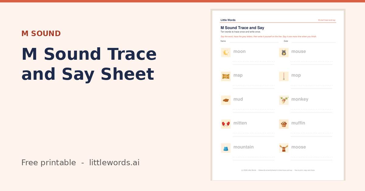 M Sound Trace and Say Sheet, a free Little Words printable
